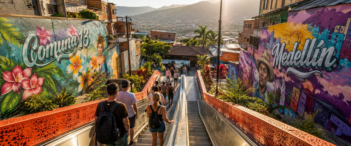 Electric escalators in Comuna 13 at golden hour with tourists and murals on either side