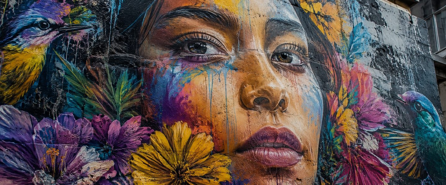 Close-up of a massive mural depicting a woman's face with flowers and hummingbirds, paint drips visible on the concrete wall